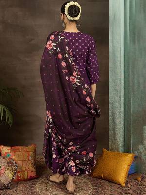 Floral Printed Pure Cotton Anarkali Kurta With Trousers & Dupatta 5