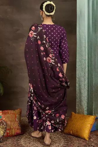 Floral Printed Pure Cotton Anarkali Kurta With Trousers & Dupatta