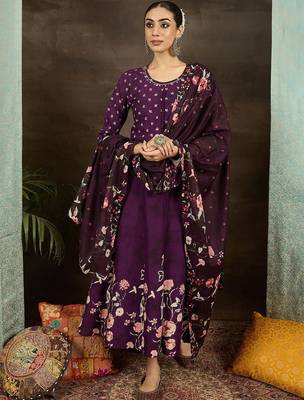 Floral Printed Pure Cotton Anarkali Kurta With Trousers & Dupatta 6