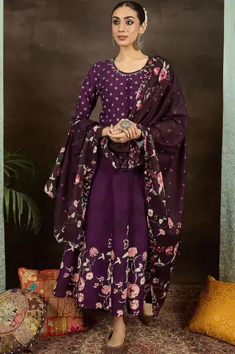 Floral Printed Pure Cotton Anarkali Kurta With Trousers & Dupatta