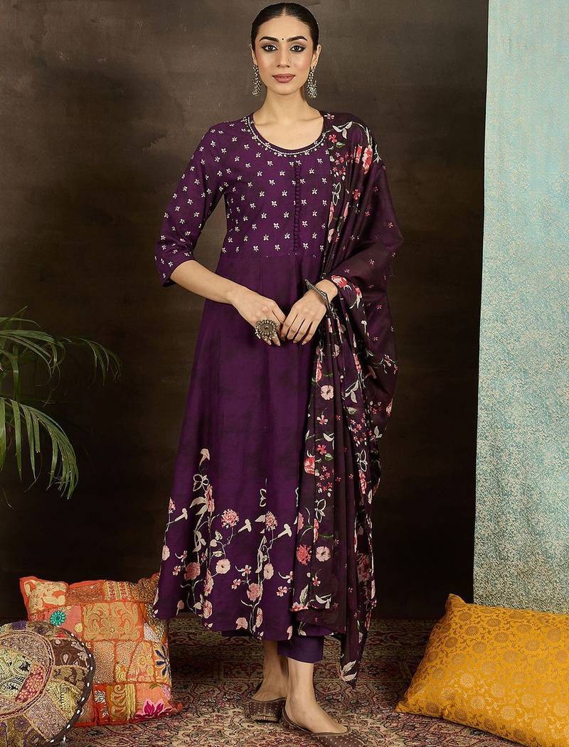 Floral Printed Pure Cotton Anarkali Kurta With Trousers & Dupatta