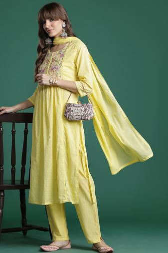 Floral Embroidered Kurta with Trousers & Dupatta