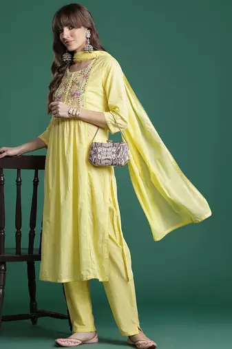 Floral Embroidered Kurta with Trousers & Dupatta