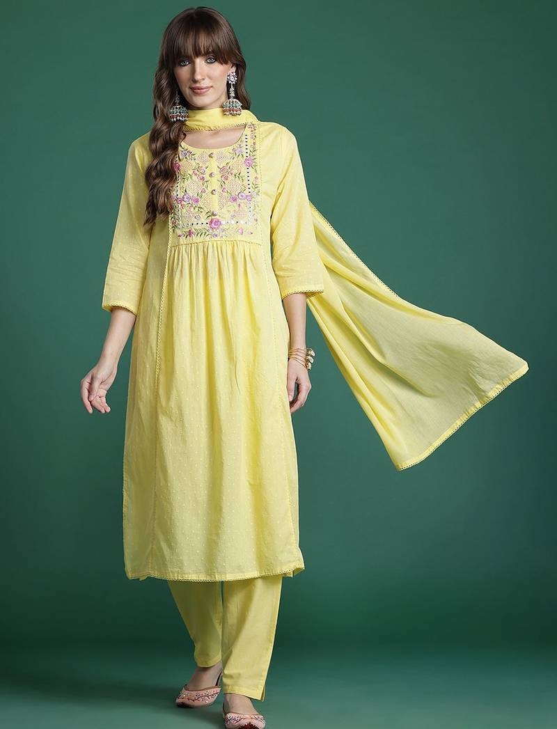 Floral Embroidered Kurta with Trousers & Dupatta