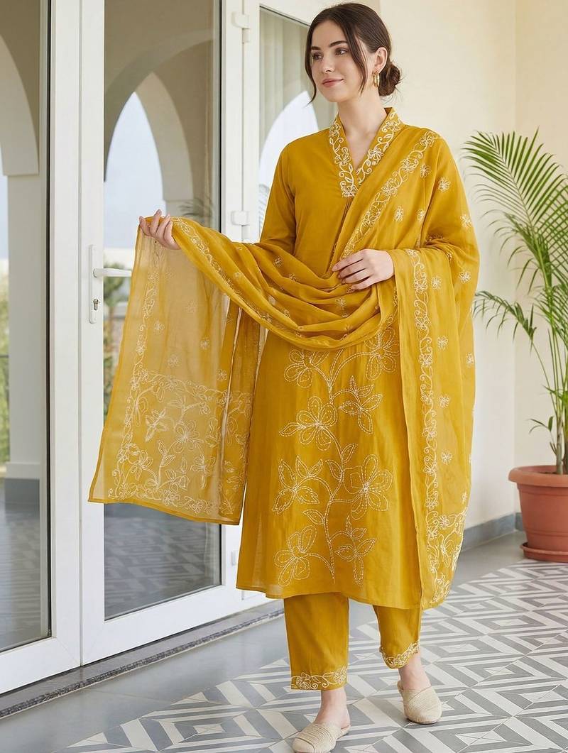 Women Floral Embroidered Regular Thread Work Pure Cotton Kurta with Trousers & With Dupatta
