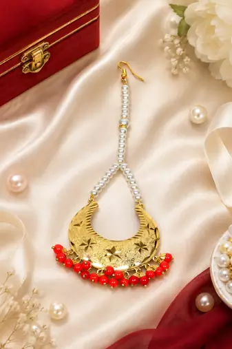 Golden Chandbali Red Beaded Tikka