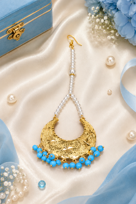 Golden chandbali sky blue beaded tikka 1