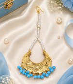 Golden chandbali sky blue beaded tikka
