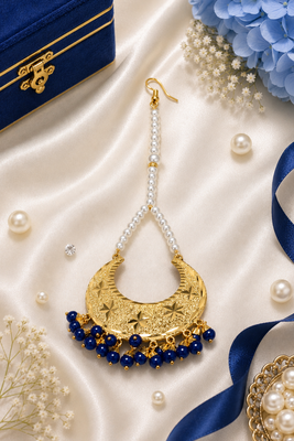 Golden chandbali blue beaded tikka 1