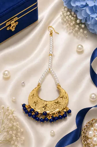 Golden chandbali blue beaded tikka