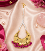 Golden chandbali rani pink beaded tikka