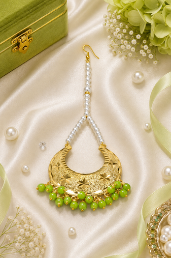 Golden chandbali parrot green beaded tikka