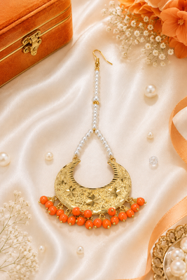 Golden chandbali orange beaded tikka 1