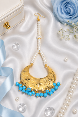 Golden chandbali sky blue beaded tikka 2