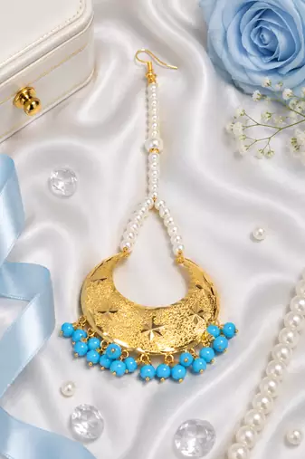 Golden chandbali sky blue beaded tikka