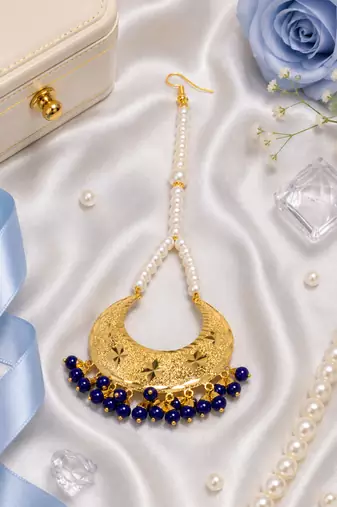 Golden chandbali blue beaded tikka