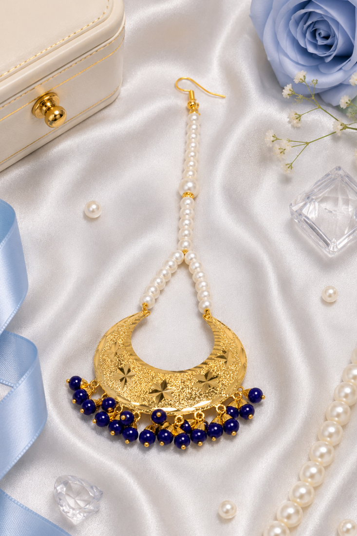 Golden chandbali blue beaded tikka