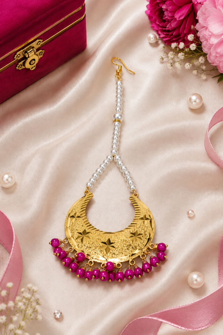 Golden chandbali rani pink beaded tikka