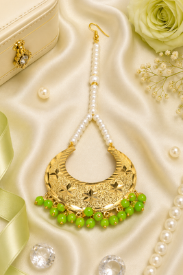 Golden chandbali parrot green beaded tikka 2