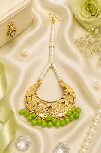 Golden chandbali parrot green beaded tikka