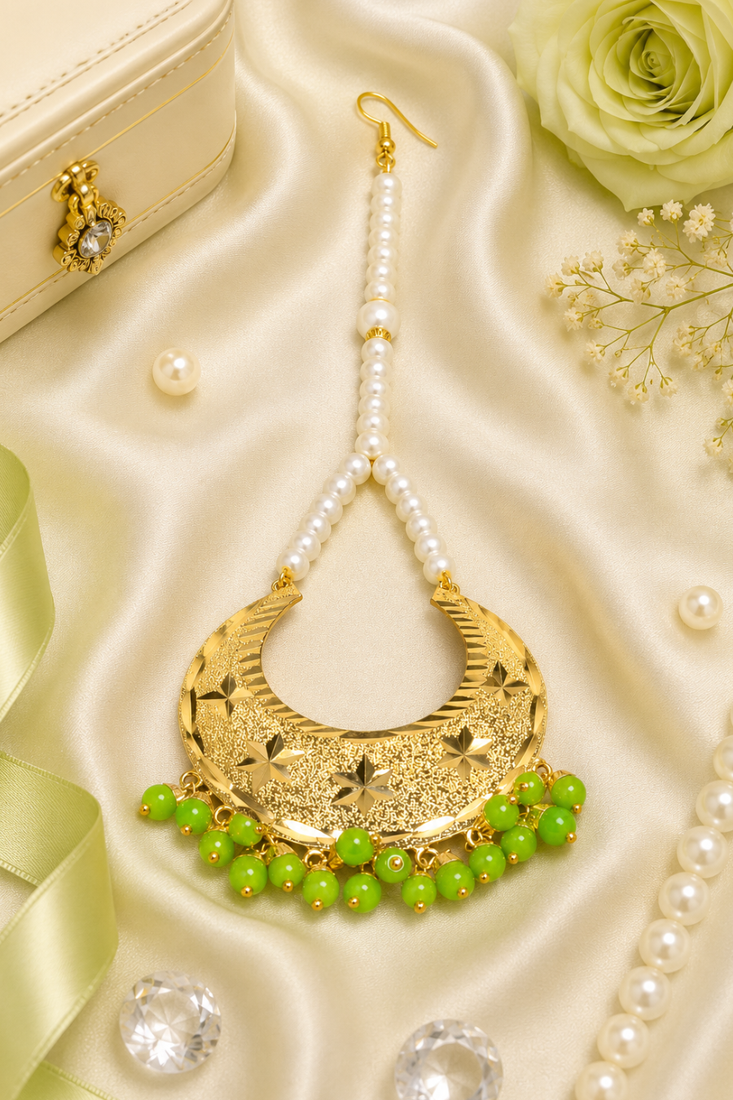 Golden chandbali parrot green beaded tikka
