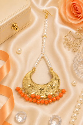 Golden chandbali orange beaded tikka 2