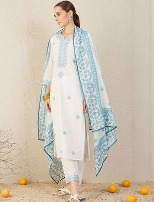 Floral Embroidered Straight Pure Cotton Kurta With Trousers & Dupatta 1