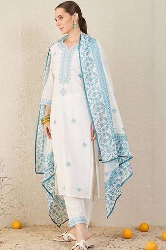 Floral Embroidered Straight  Cotton Kurta With Trousers & Dupatta