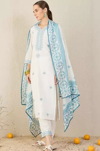 Floral Embroidered Straight Pure Cotton Kurta With Trousers & Dupatta