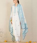 Floral Embroidered Straight Pure Cotton Kurta With Trousers & Dupatta