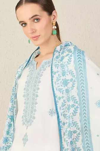 Floral Embroidered Straight Pure Cotton Kurta With Trousers & Dupatta