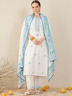 Floral Embroidered Straight Pure Cotton Kurta With Trousers & Dupatta 6