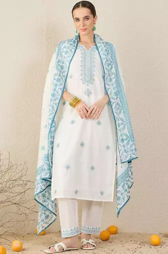 Floral Embroidered Straight Pure Cotton Kurta With Trousers & Dupatta