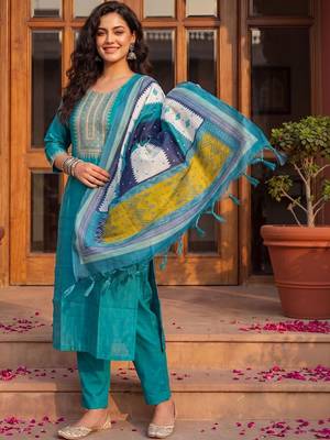Women Ethnic Motifs Embroidered Regular Thread Work Kurta with Trousers & With Dupatta 1