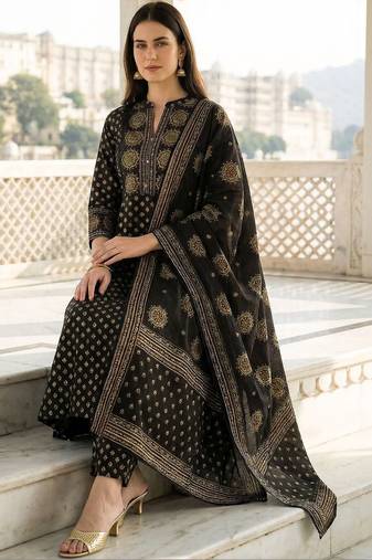 Women Ethnic Motifs Printed Regular Pure Cotton Kurta with Trousers & With Dupatta