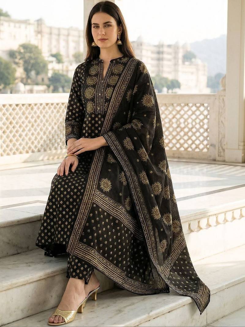 Women Ethnic Motifs Printed Regular Pure Cotton Kurta with Trousers & With Dupatta