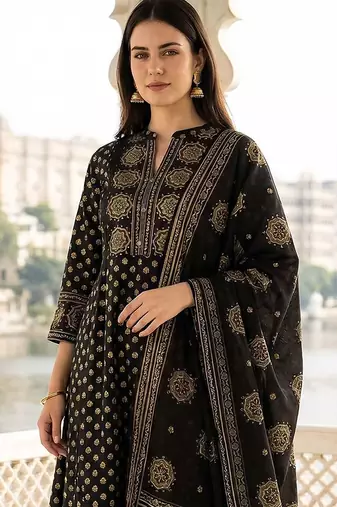 Women Ethnic Motifs Printed Regular Pure Cotton Kurta with Trousers & With Dupatta
