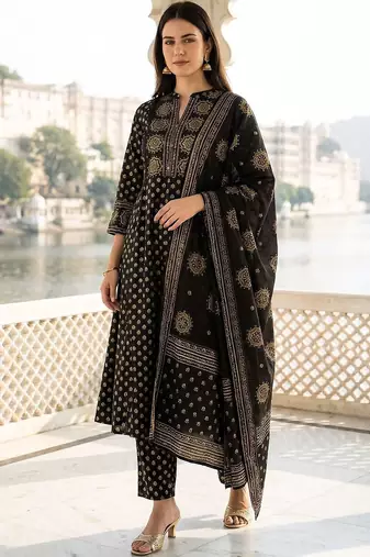 Women Ethnic Motifs Printed Regular Pure Cotton Kurta with Trousers & With Dupatta