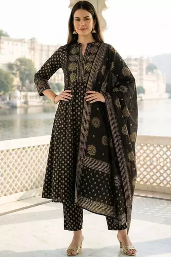Women Ethnic Motifs Printed Regular Pure Cotton Kurta with Trousers & With Dupatta