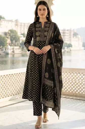 Women Ethnic Motifs Printed Regular Pure Cotton Kurta with Trousers & With Dupatta