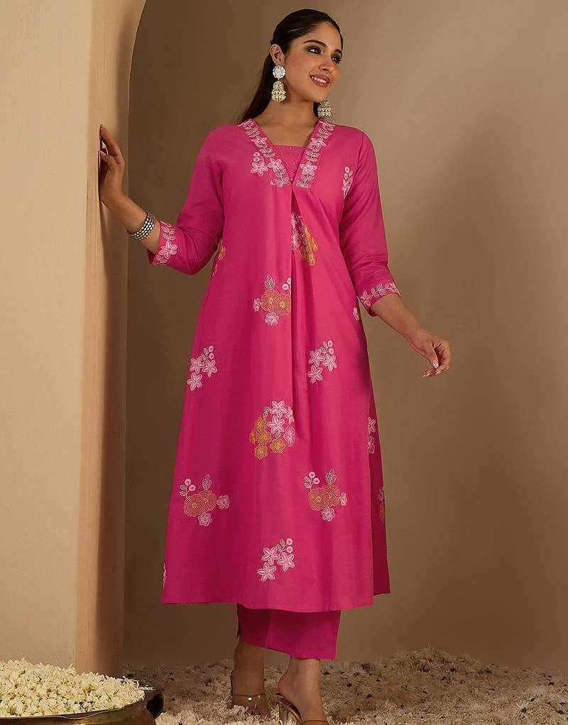 Women Floral Embroidered Pure Cotton Kurta with Trouser