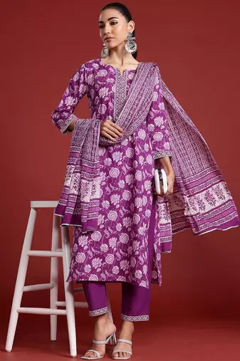 Floral Printed Mirror Work Pure Cotton Kurta With Trousers & Dupatta
