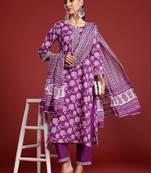 Floral Printed Mirror Work Pure Cotton Kurta With Trousers & Dupatta