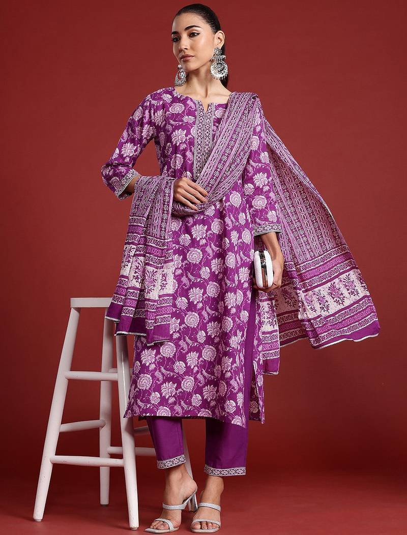 Floral Printed Mirror Work Pure Cotton Kurta With Trousers & Dupatta