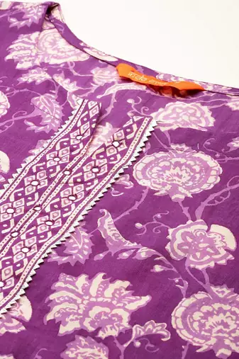 Floral Printed Mirror Work Pure Cotton Kurta With Trousers & Dupatta