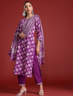 Floral Printed Mirror Work Pure Cotton Kurta With Trousers & Dupatta 5