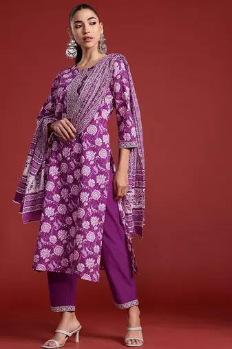 Floral Printed Mirror Work Pure Cotton Kurta With Trousers & Dupatta