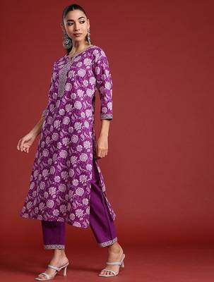 Floral Printed Mirror Work Pure Cotton Kurta With Trousers & Dupatta 6