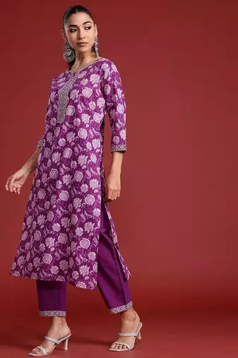 Floral Printed Mirror Work Pure Cotton Kurta With Trousers & Dupatta