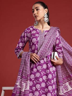 Floral Printed Mirror Work Pure Cotton Kurta With Trousers & Dupatta 8